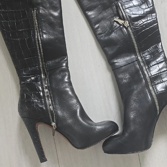 Donald J. Pliner Black Heeled Boots with Crocodile Texture